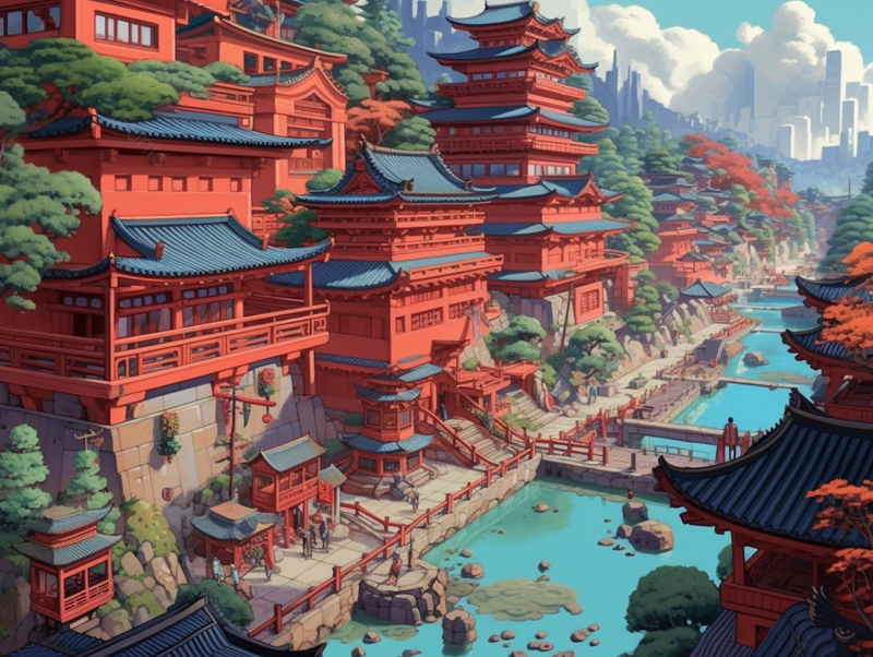 河边古城红色建筑风景画,插画/手绘图,插画/手绘图库,插画/手绘图下载,插画/手绘